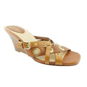 COLE HAAN Nike Air Brown Leather Grommet Crisscross Strap Wedge Slide Sandals 8